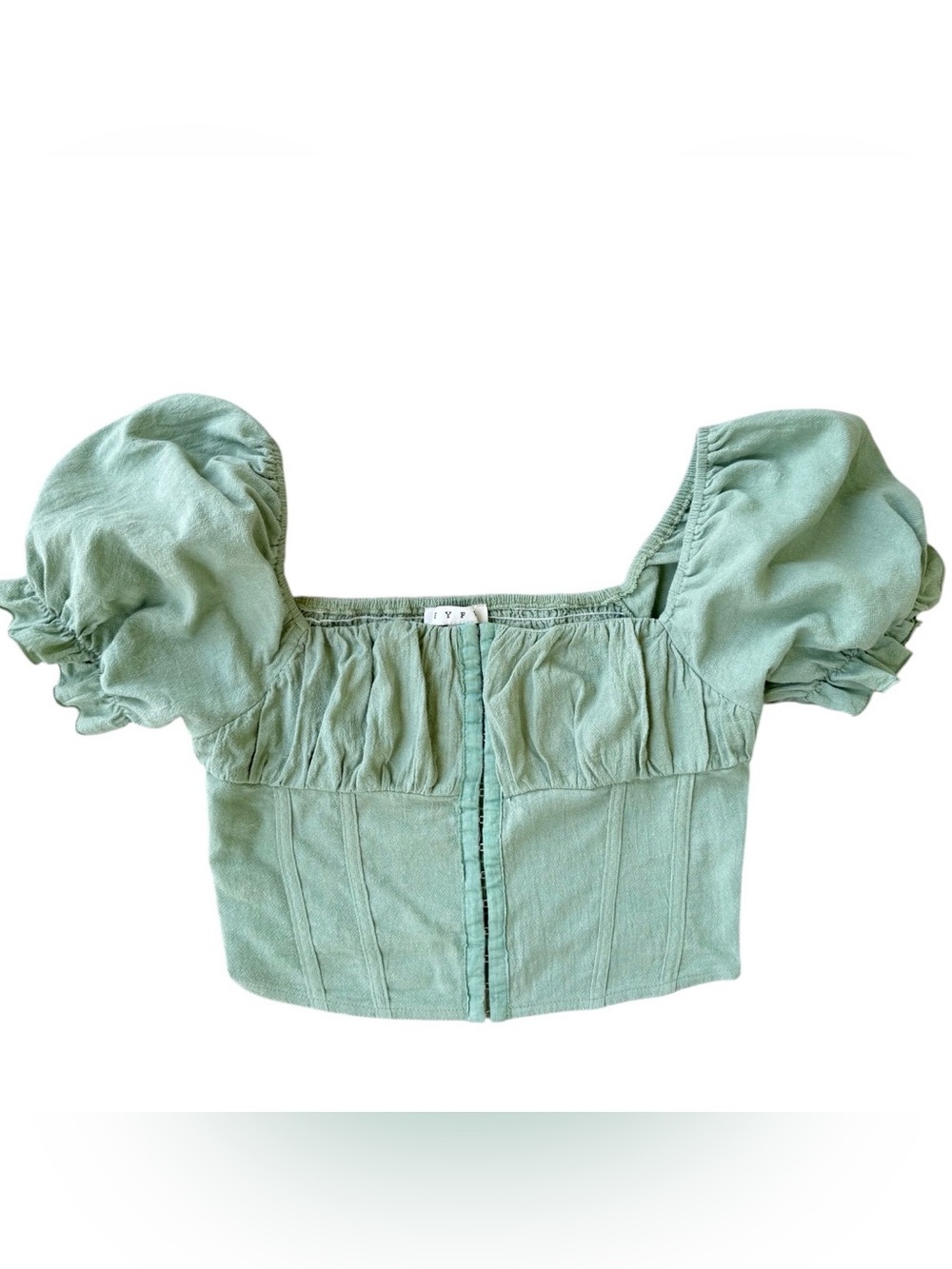 HYFVE Sage Green Cotton Puff Sleeve Corset Crop Top Square Neck Hook & Eye M